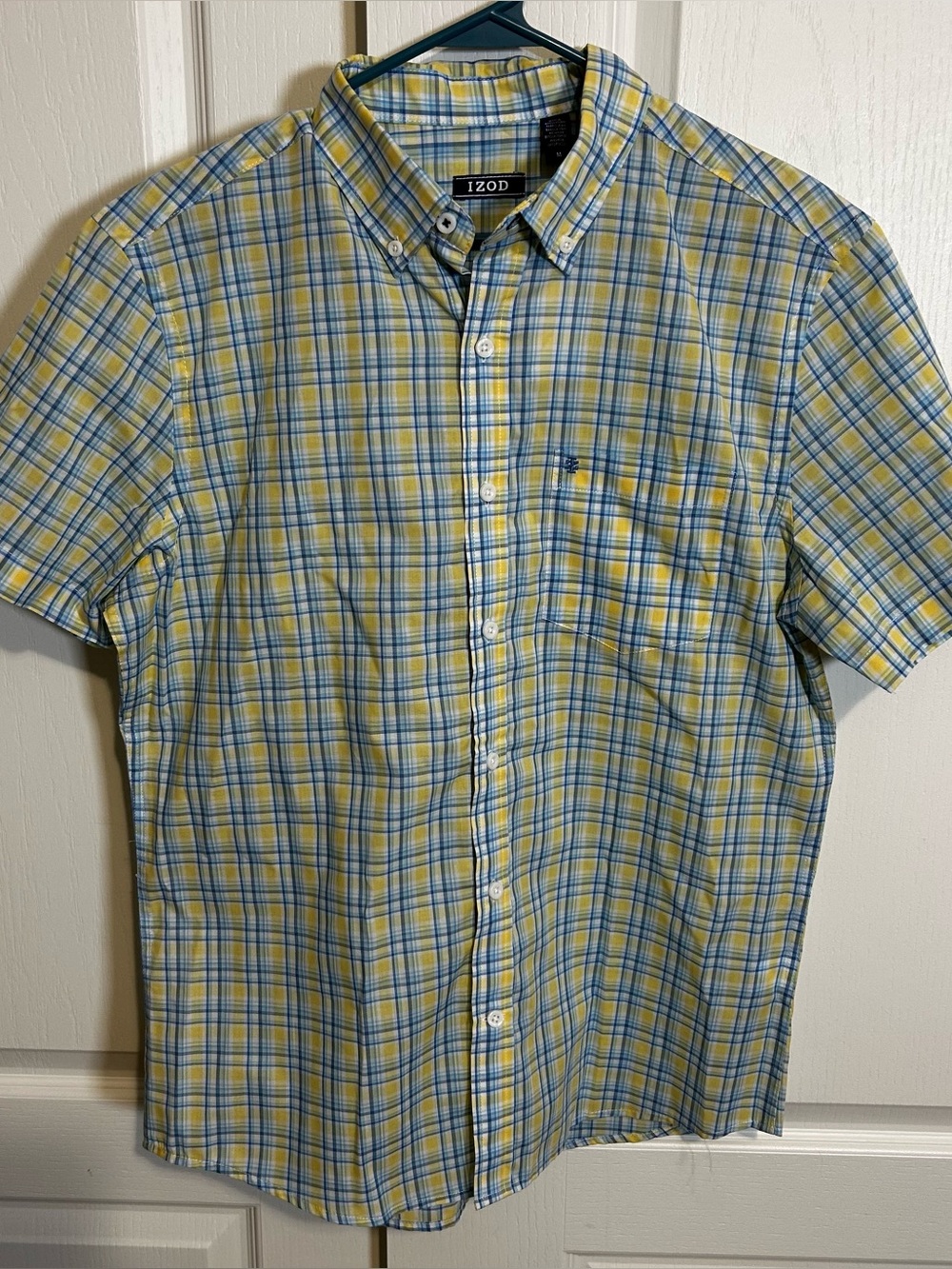 IZOD Mens Short Sleeve Button Down Plaid Shirt Yellow Blue Check Size M